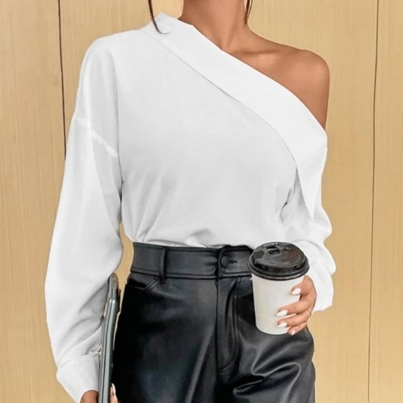 CHIC Asymmetrical Neck 1 off shoulder Blouse Top White - Picture 1 of 7